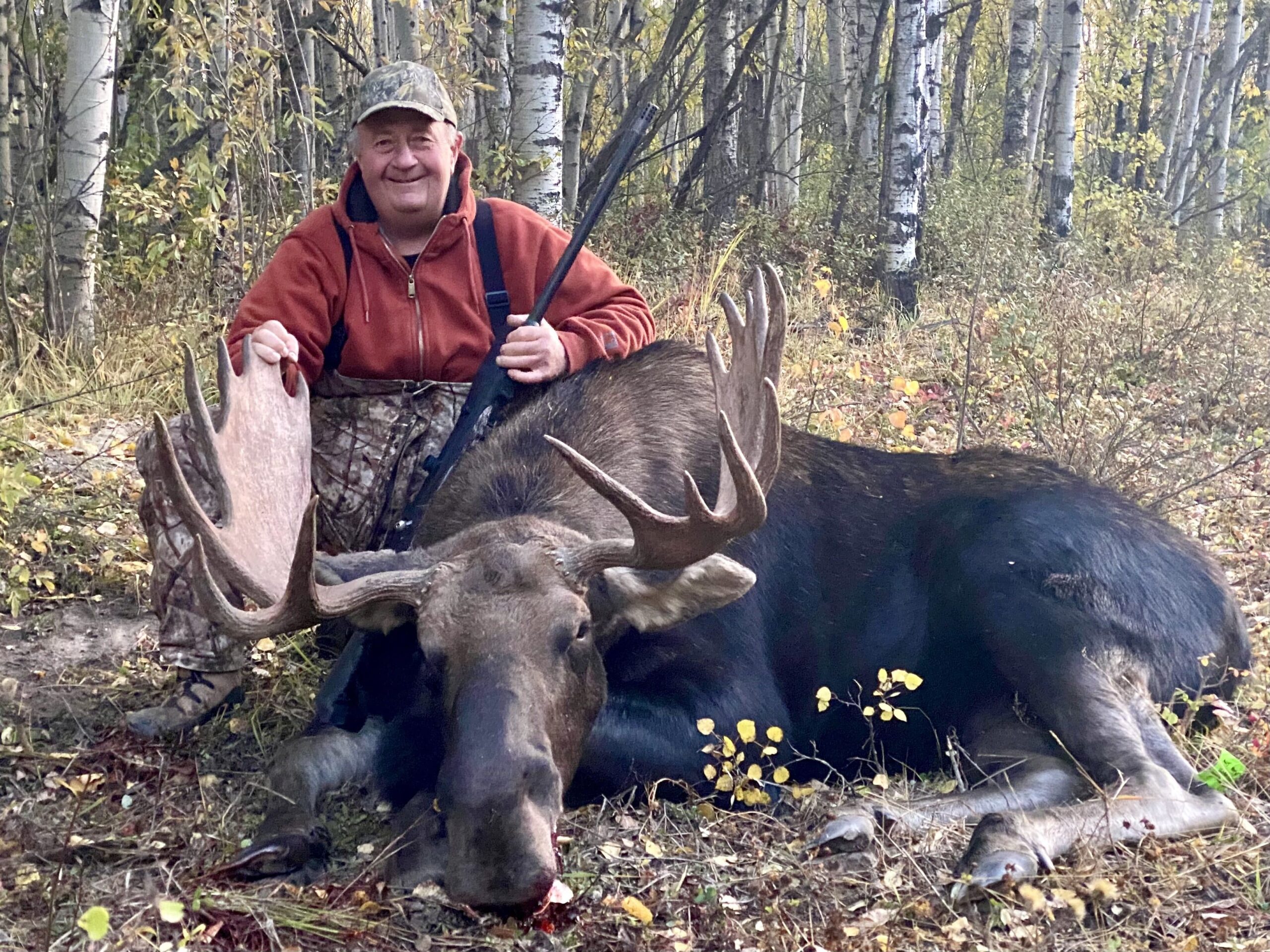 Alberta moose hunter with bull moose Alberta moose hunter with bull moose